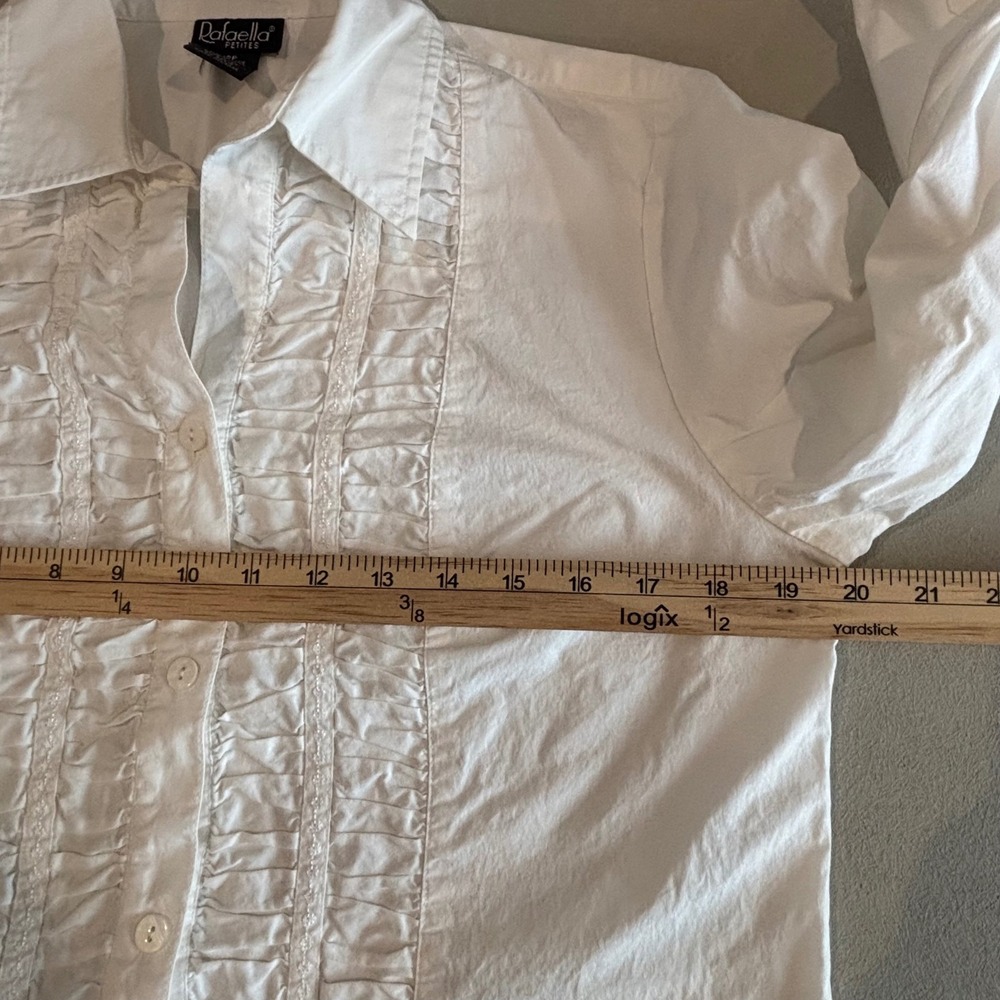 White Ruffle Front Embroider Button Down Shirt 12P Long Sleeve Petite Victorian - Picture 10 of 11